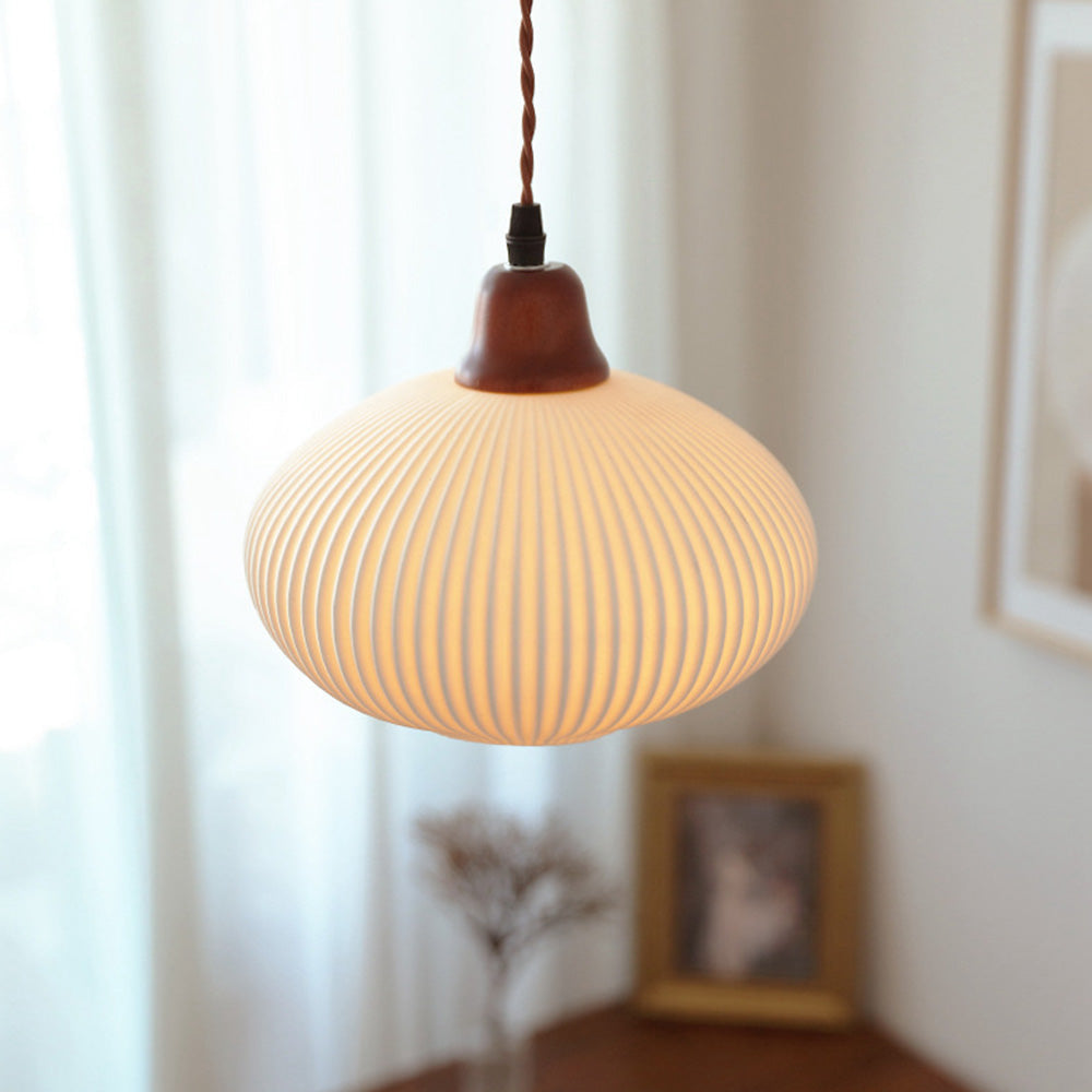 Modern Japandi Ribbed Ceramic Pendant Light – Soft Warm Glow - Image 10