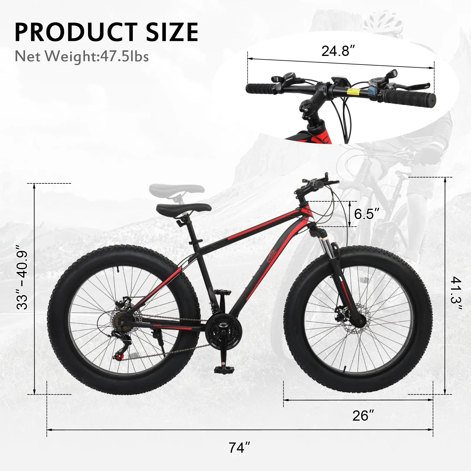 Zimtown 26" Fatbike, 21 Gänge, Rahmen aus hochfestem Stahl, Doppelscheibenbremse, Schwarz/Rot - Image 4