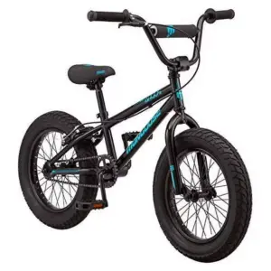 Mongoose Argus MX Kinder-Mountainbike mit Fatbike-Reifen, 16-Zoll-Räder, Singlespeed, 3-Zoll-Reifen, Schwarz