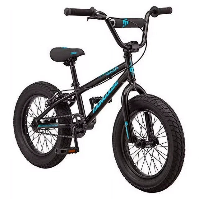 Mongoose Argus MX Kinder-Mountainbike mit Fatbike-Reifen, 16-Zoll-Räder, Singlespeed, 3-Zoll-Reifen, Schwarz