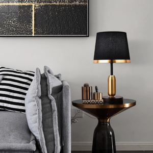 Alternative view of Modern Black & Gold Table Lamp with Fabric Shade – Bedside Light