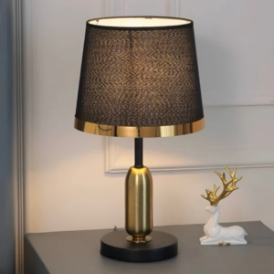 Modern Black & Gold Table Lamp with Fabric Shade – Bedside Light