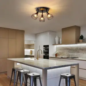 Alternative view of Industrial 3-Light Ceiling Fixture in Black Metal Cage Design