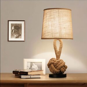 Rustic Rope Table Lamp – Nautical Jute Light with Fabric Shade