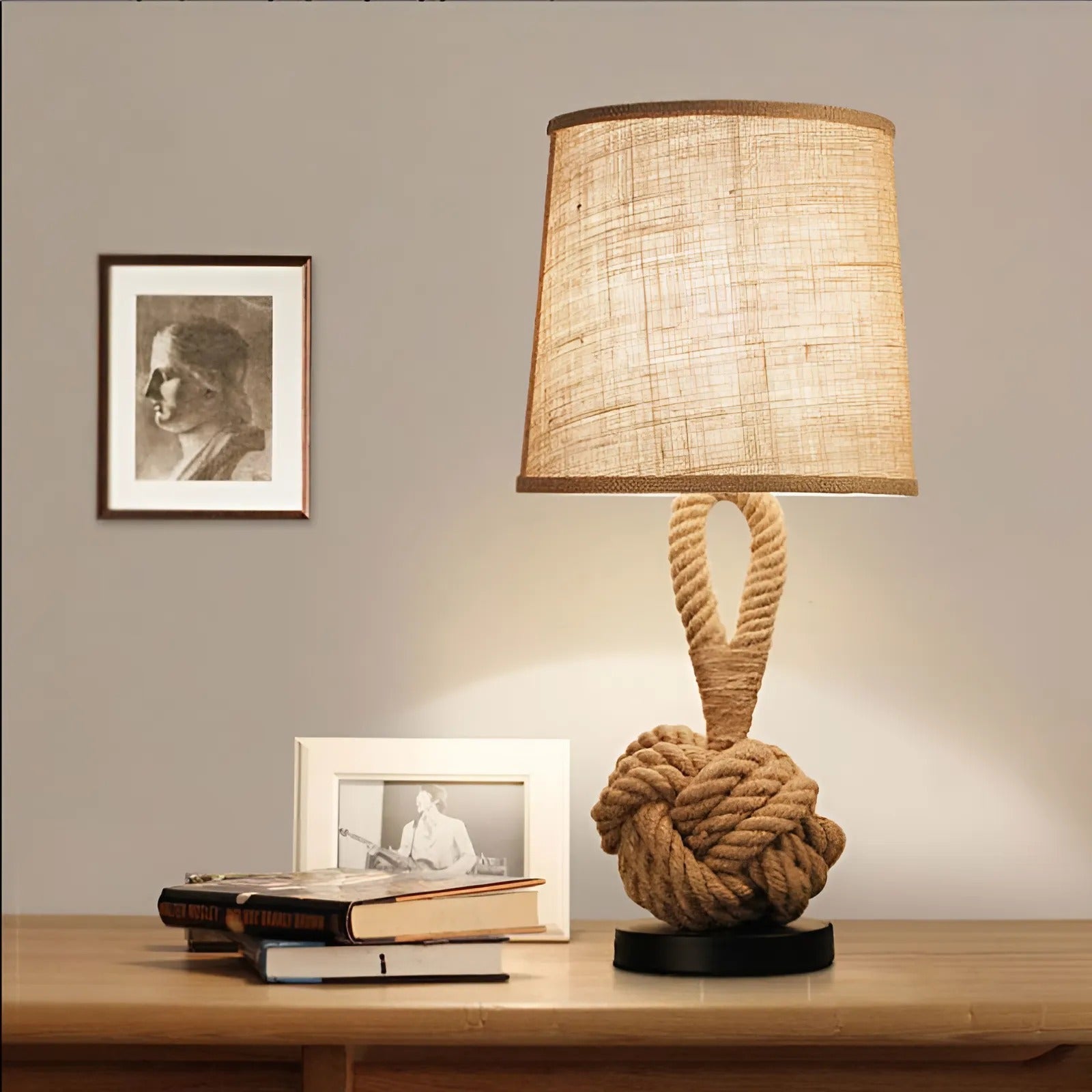 Rustic Rope Table Lamp – Nautical Jute Light with Fabric Shade