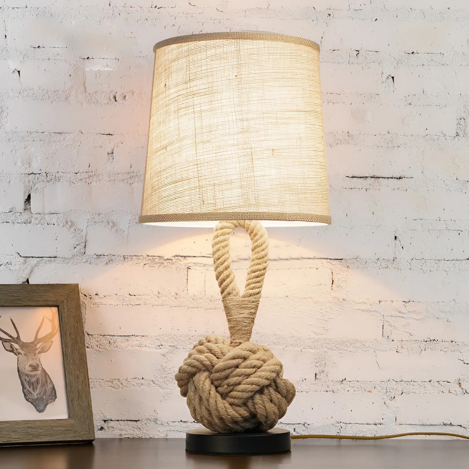 Rustic Rope Table Lamp – Nautical Jute Light with Fabric Shade - Image 2