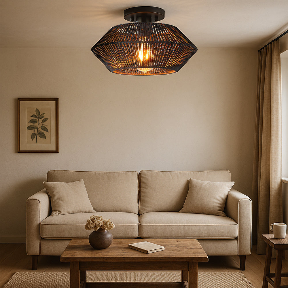 Natural Woven Flush Ceiling Light – Boho Style Light Fitting