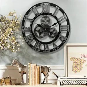 Industrial Gear Wall Clock with Roman Numerals – Vintage Metal