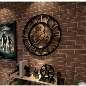 Alternative view of Industrial Gear Wall Clock with Roman Numerals – Vintage Metal