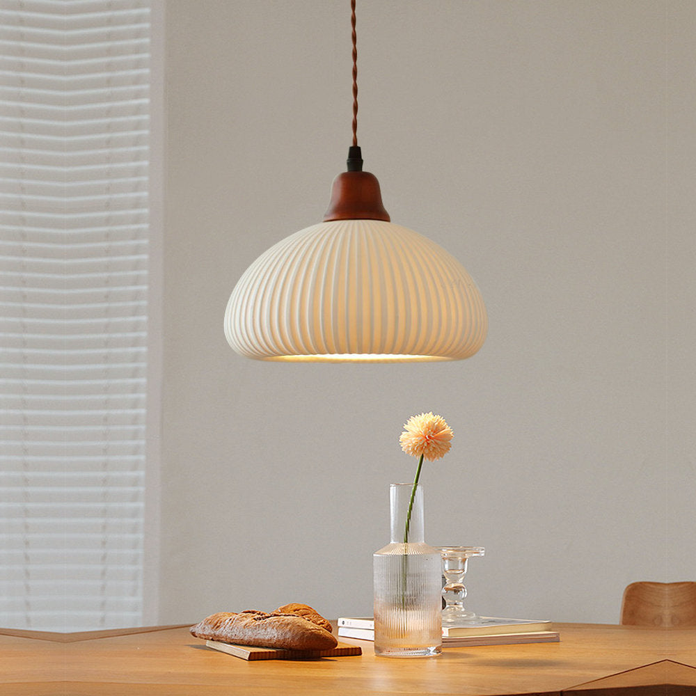 Modern Japandi Ribbed Ceramic Pendant Light – Soft Warm Glow - Image 2