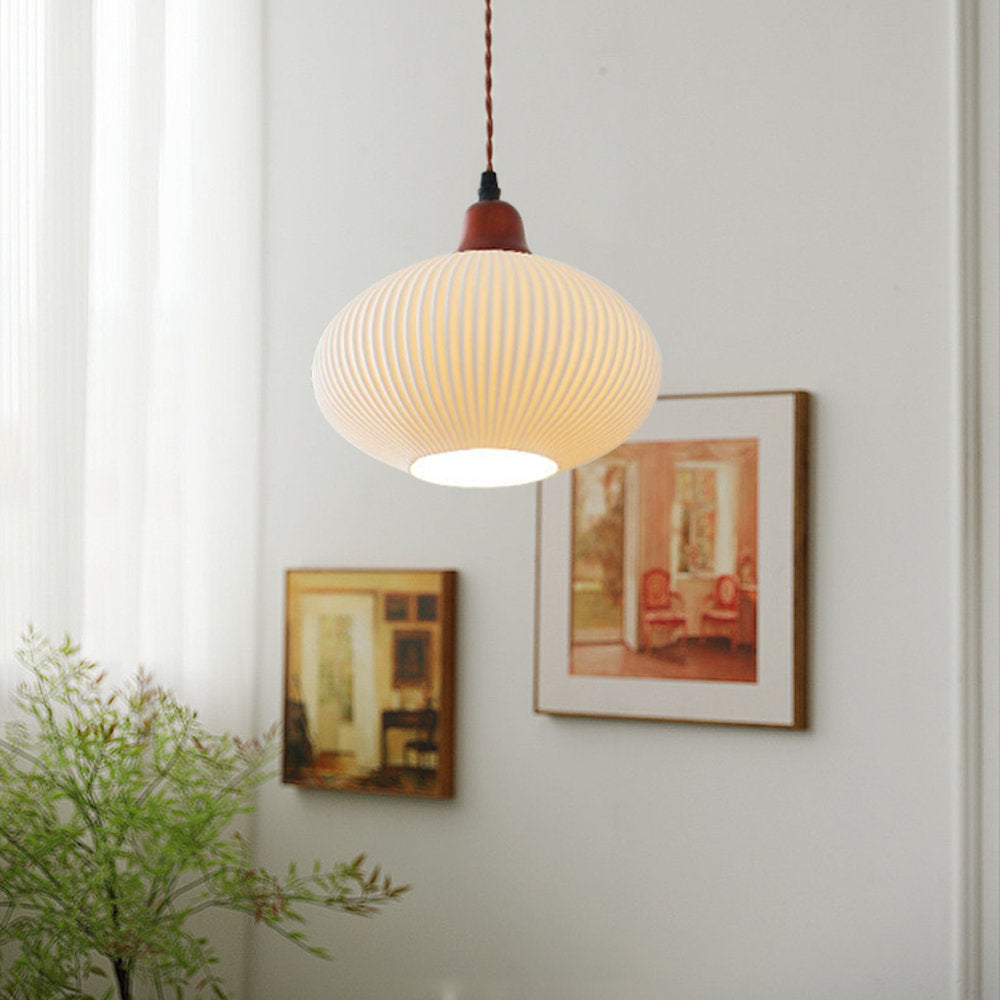 Modern Japandi Ribbed Ceramic Pendant Light – Soft Warm Glow - Image 3